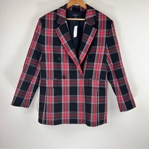 NWT Ann Taylor Preppy Black Red Plaid Double Breasted Blazer Jacket Size 10